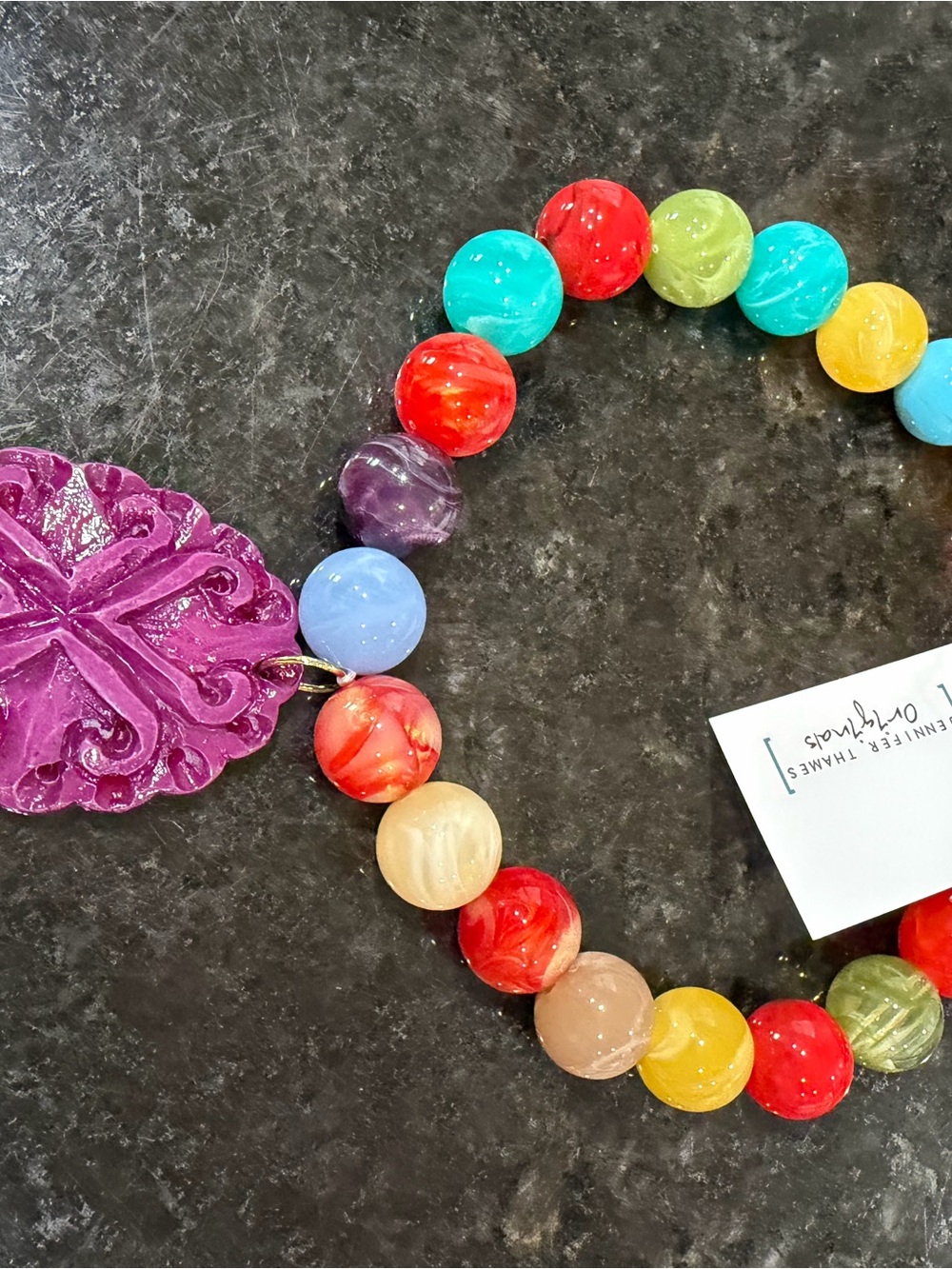Multicolor Beaded Necklace with Purple Carved Pendant